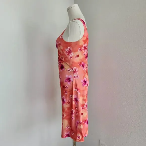 Y2K Orange Pink Floral Ring Front Sleeveless Mini Dress Vintage Tropical XS - Picture 4 of 8